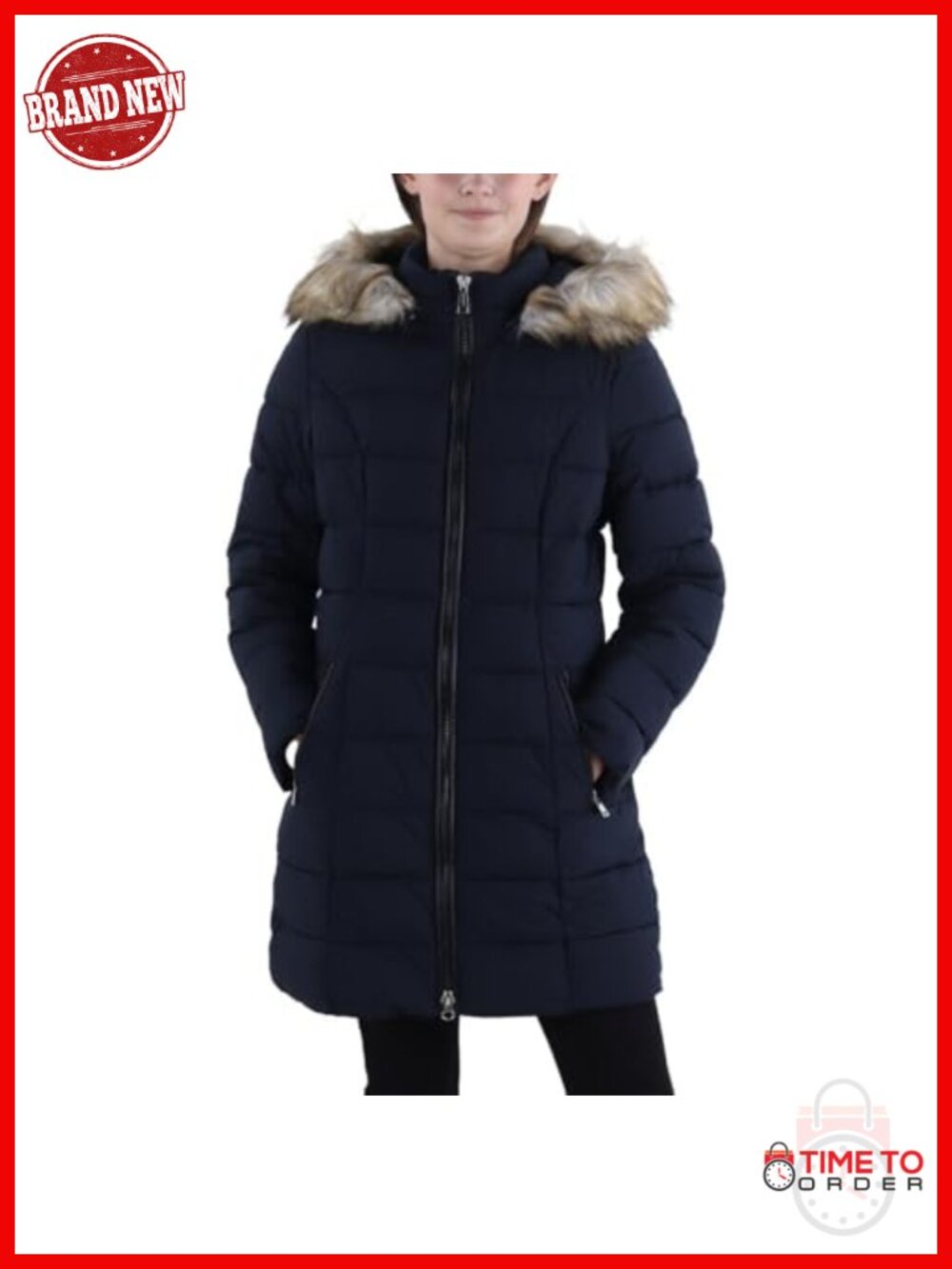 Long Stretch Quilted Puffer Jacket with Faux Fur Hood